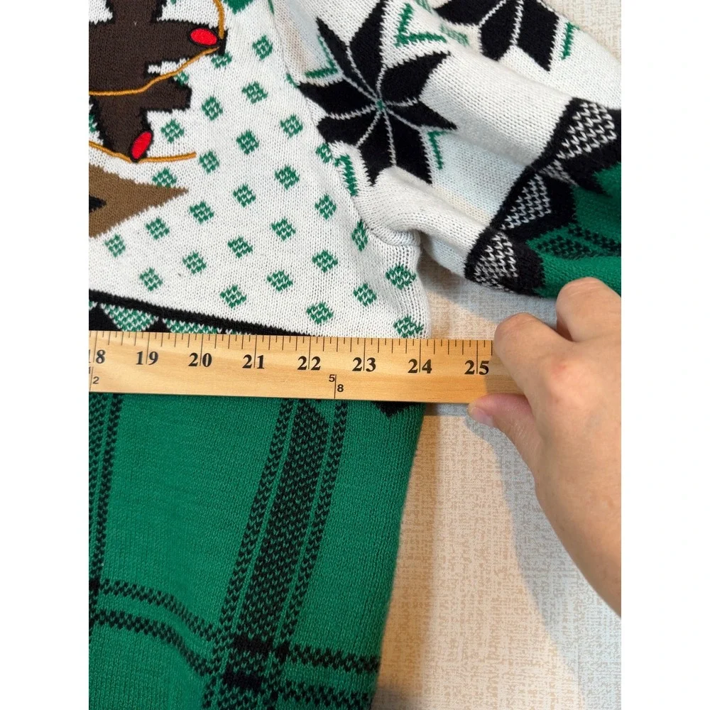 Ugly Christmas Sweater Co Reindeer Peppermint‎ Plaid Knit Pullover Green 3XB